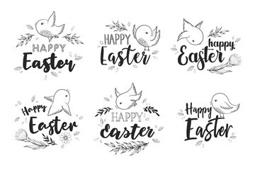 Vector set of black and white hand drawn Happy Easter letterings with flowers, leaves and cute birds isolated on white background. Design for greeting card, invitation, print