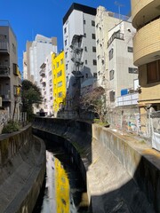 bridge over the river Yellow building and other buildings reflecting on a river in Shibuya, Tokyo, Japan