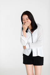 Portrait of a young teen Asian woman with a black long hair on white background