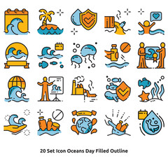 20 Set Icon Filled Outline Oceans Day. Will you stop using single plastic bags, bottles and straws to help our ocean?