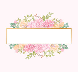 Peony rose flowers wedding invitation card template with golden frame