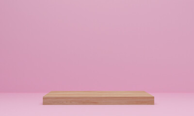 3d rendering. Abstract minimal scene with geometric. wood podium on pink background. Pedestal or platform for display, product presentation, mock up, show cosmetic product