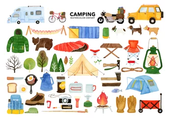Foto auf Acrylglas Camping Watercolor set of camping and hiking equipment, outdoors adventure. Isolated items. Hand drawn illustration
