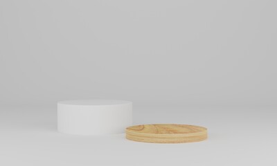 3d rendering. Wood podium on white background. Abstract minimal scene with geometric. Pedestal or platform for display, product presentation, mock up, show cosmetic product