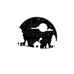 Winter night landscape. Black and white vector illustration