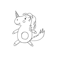 cute unicorn icon, sticker. sketch hand drawn doodle style. minimalism, monochrome. fairy tale child character.