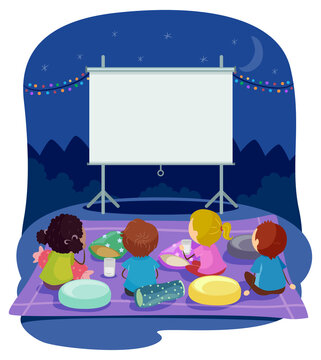 Stickman Kids Backyard Movie Night Illustration