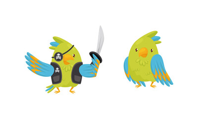 Cute Green Parrot Standing in Pirate Costume Vector Set