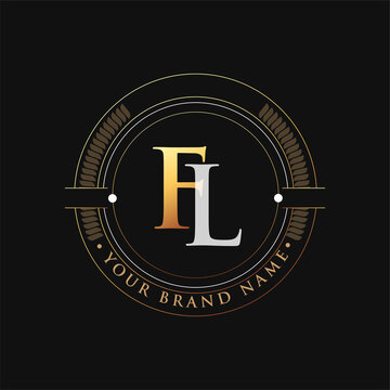 initial letter logo FL gold and white color, with stamp and circle object, Vector logo design template elements for your business or company identity.