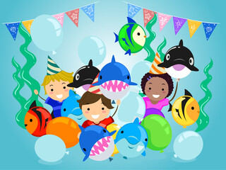 Stickman Kids Underwater Birthday Illustration