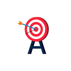 Hit and goal achievement icon. The arrow hits the target on an isolated white background. Vector stock illustration