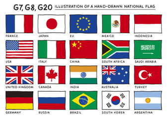G20,G8,G7の国旗の手描きイラスト