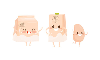 Cute Humanized Soy Food with Carton of Soy Milk and Bean Smiling and Waving Hands Vector Set