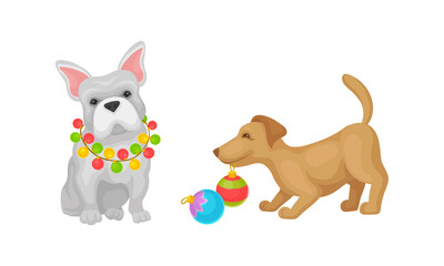 Naklejka na ściany i meble Domestic Dog Pet with Christmas Symbols Vector Set