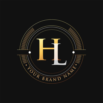 initial letter logo HL gold and white color, with stamp and circle object, Vector logo design template elements for your business or company identity.