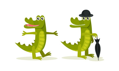 Funny Green Crocodile Walking in Top Hat and Cane Vector Set