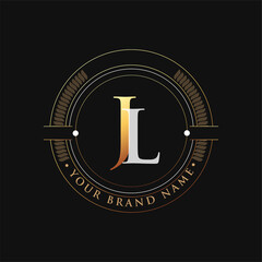 initial letter logo JL gold and white color, with stamp and circle object, Vector logo design template elements for your business or company identity.