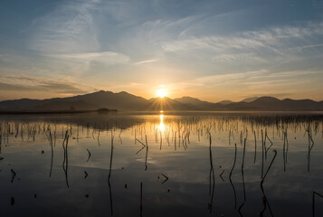 Impressively beautiful lake in Korea. Scenery lake landscape with sunset. epic image. beautiful nature background.