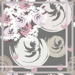 Square flower arrangement.Abstract  hand drawn pastel background with roses, daisies and brush strokes. Pattern for printing on scarves, postcards, carpets, bandanas, napkins, home textiles. Vector.