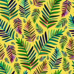 Watercolor fern leaf seamless pattern on illuminating yellow background
