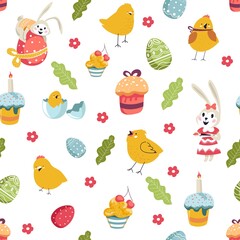 Easter holiday signs cake and birds, bunny flora