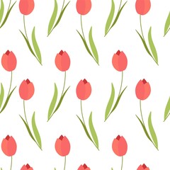 Red tulips bouquet, spring flowers pattern vector