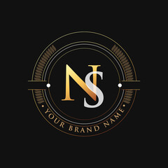 initial letter logo NS gold and white color, with stamp and circle object, Vector logo design template elements for your business or company identity.