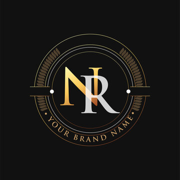 initial letter logo NR gold and white color, with stamp and circle object, Vector logo design template elements for your business or company identity.
