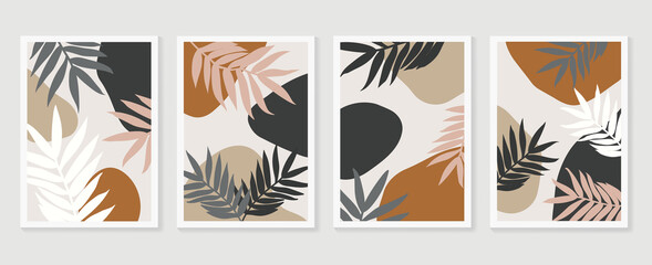 Obraz na płótnie Canvas Botanical wall art background vector set.Earth tone natural colors foliage line art boho plants drawing with abstract shape. Mid century modern design for prints, poster, cover and wallpaper.