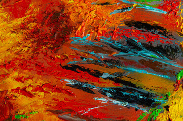 Abstract creative background: streaks and strokes of bright oil paint on linen canvas before tone priming