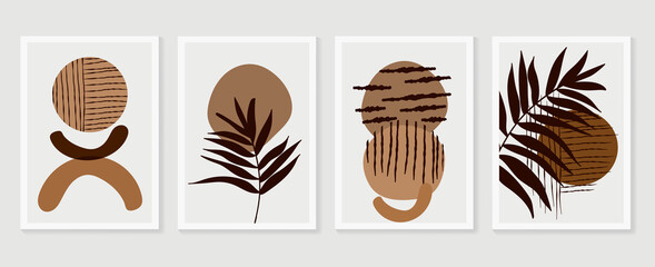 Botanical wall art background vector set.Earth tone natural colors foliage line art  boho plants drawing with abstract shape. Mid century modern design for prints, poster, cover and wallpaper. © TWINS DESIGN STUDIO