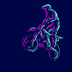 Motocross bike rider Line. Pop Art logo. Colorful design with dark background. Abstract vector illustration.