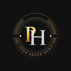 initial letter logo PH gold and white color, with stamp and circle object, Vector logo design template elements for your business or company identity.