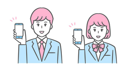 スマホを見せる中高生男女のイラスト　ブレザーの制服