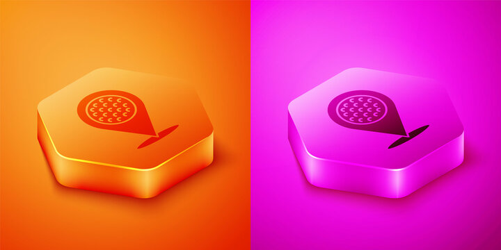 Isometric Map pointer with golf sport club icon isolated on orange and pink background. Hexagon button. Vector.