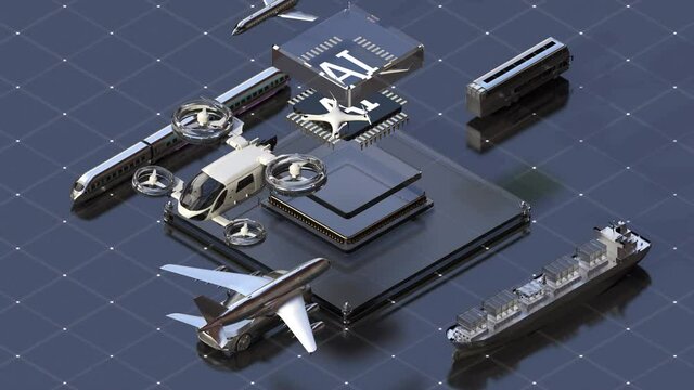 Future smart transportation controlled by artificial intelligence cpu. 4k animation.