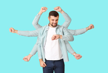 Young man with many hands looking at watch on color background. Concept of multitasking