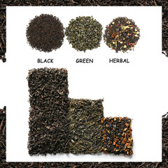 Different types of dry tea leaves on white background