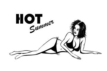 Black and white vector illustration of a beautiful woman wearing a bikini sunbathing Along with hot summer messages It is suitable for use in advertising to invite in tourism.