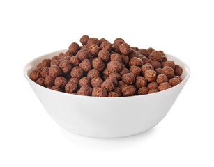 Tasty breakfast cereals in bowl on white background