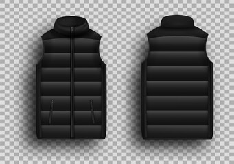 Black winter puffer vest, sleeveless jacket mockup set, vector illustration isolated on transparent background. Realistic warm waistcoat, down padded vest, front and back view. © Siberian Art