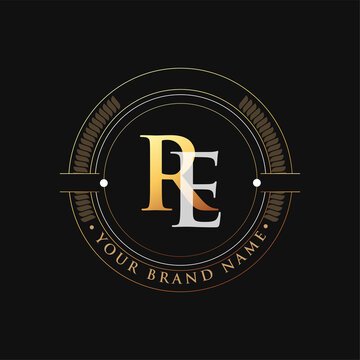 initial letter logo RE gold and white color, with stamp and circle object, Vector logo design template elements for your business or company identity.