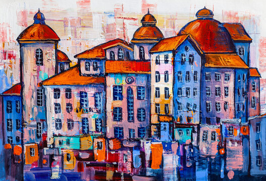 Abstract painting of city buildings. Contemporary art.