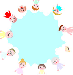 青空　笑顔の人々と動物　円形のコピースペース