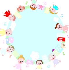 青空　笑顔の人々と動物　円形のコピースペース