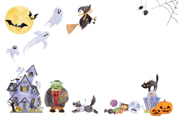 Happy Halloween greeting card. character, and horror house, party, candy, various symbols. Hand drawn watercolor. White frame.