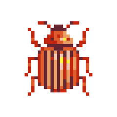 Colorado beetle pixel art potato bug insect pest icon, isolated vector illustration. Element design for stickers, embroidery, mobile app. Video game sprite. Insect repellent logo.