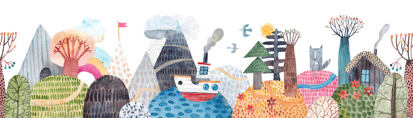 Nette nahtlose Musterlandschaft, Hügel, Spur, einsames Haus, Berge, See und Schiff, Wolken und Regenbogen. Aquarell-Illustration. Horizontales Poster für Kinder. Horizontales sich wiederholendes Banner. © bukhavets