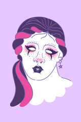 Woman antique bust with goth makeup. Stylized vector of greek statue in e-girl style, cute pink nose and cheeks. Old statue portrait in postmodern style, trendy eGirl parody