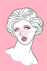 Woman antique bust with fashionable makeup. Vector greek statue with modern cat eye eyeliner and cute pink blush. Old statue portrait in postmodern style, trendy parody